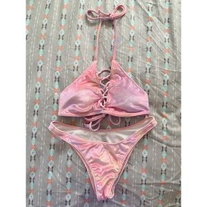 PINK velvet lace up bikini